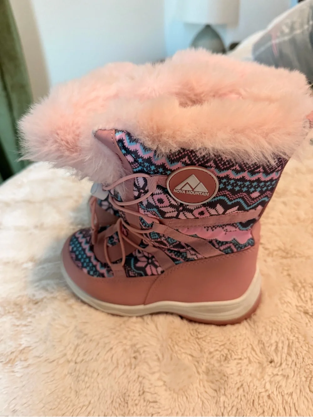 Toddler girl Kids Pink Faux-Fur Winter Boots - Patterned Snow Boots